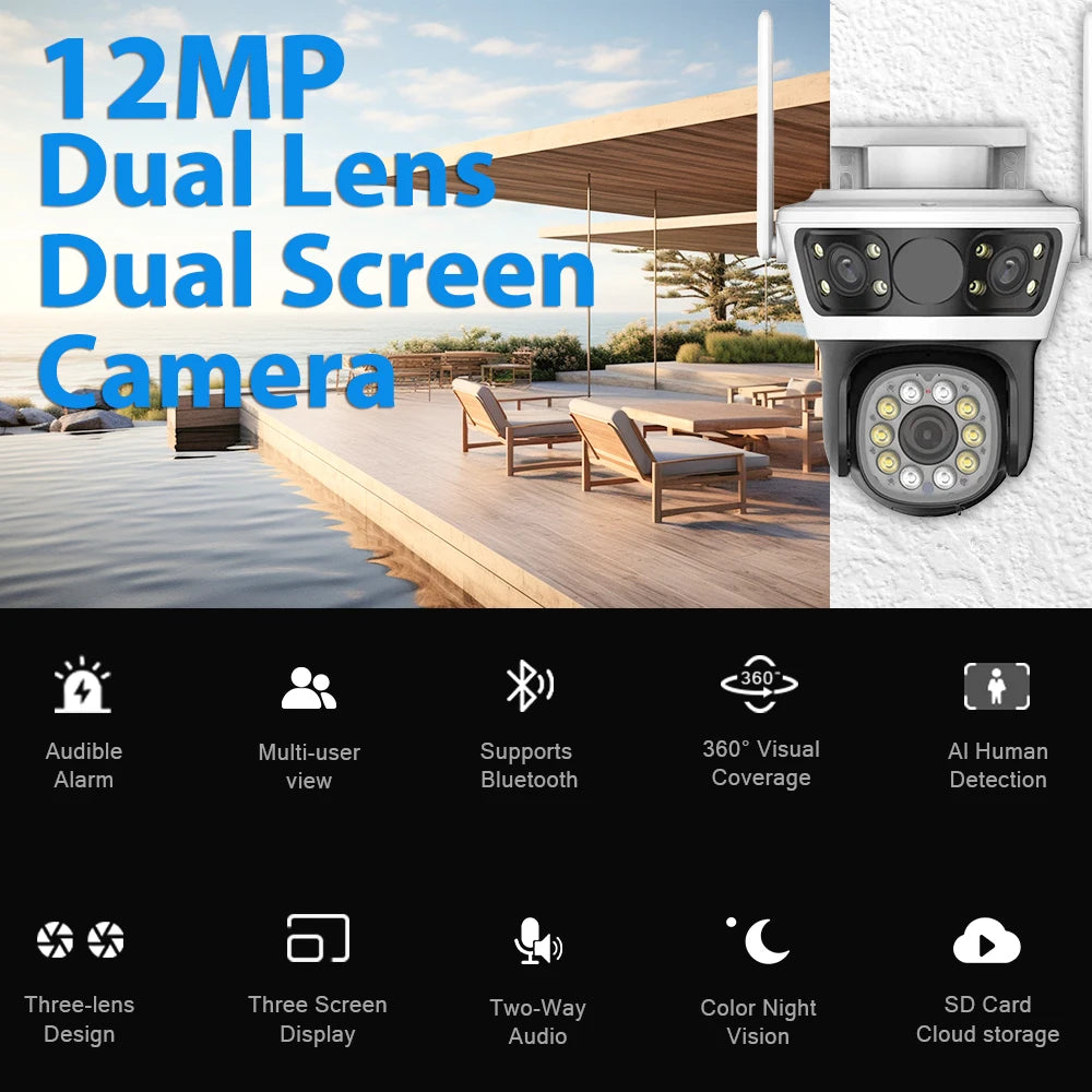 WiFi PTZ Camera 6K 12MP Outdoor CCTV Audio Camera